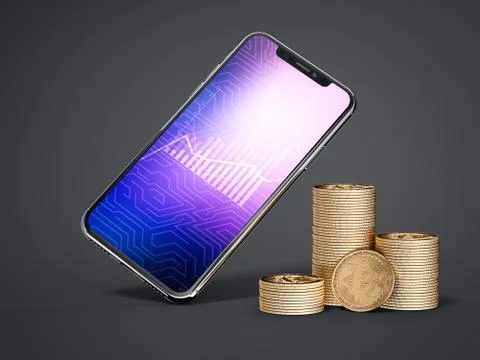 Three stacks of bitcoins and smartphone. 3d rendering Stockillustratie