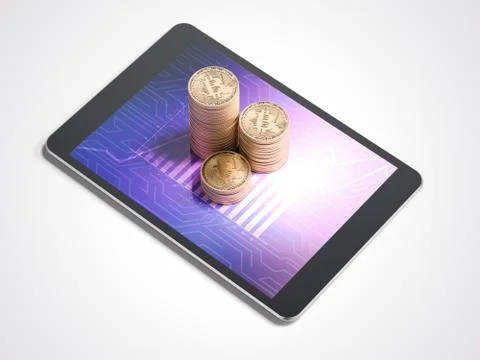 Three stacks of bitcoins and tablet pc. 3d rendering イラスト素材
