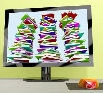 Three stacks of books on computer shows online learning Stock Illustration
