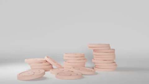 Three stacks of coins with dollars fall to the floor and scatter Stock Footage 243250124