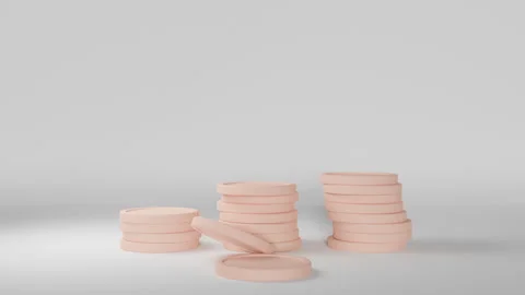 Three stacks of coins fall to the floor and fly apart. Stock Footage 243250026