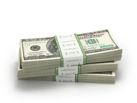Three stacks of hundred paper dollar bills Stock Illustration