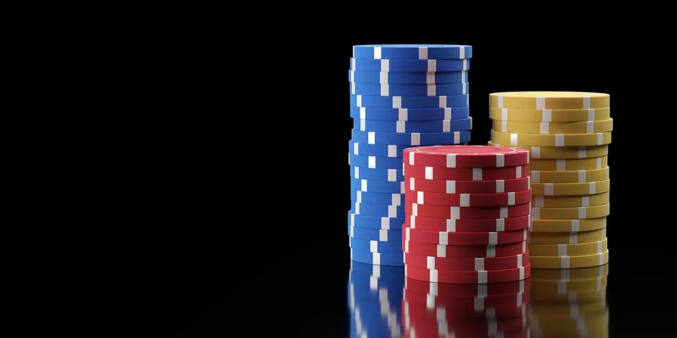 Three stacks of red, blue and yellow poker chips or tokens over black backg.. イラスト素材