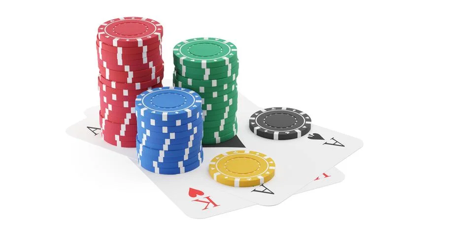 Three stacks of red, blue and green poker chips or tokens with kings and ac.. 库存插图