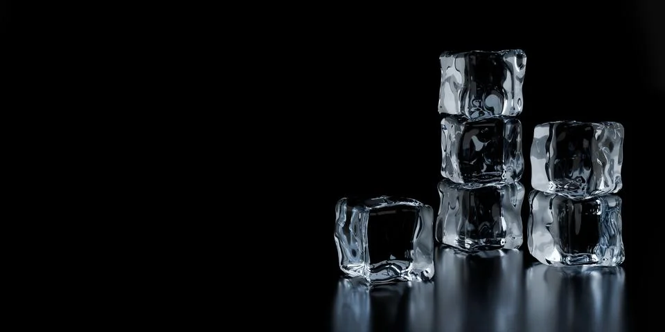 Three stacks of transparent ice cubes on black background with reflection a.. Stock Illustration