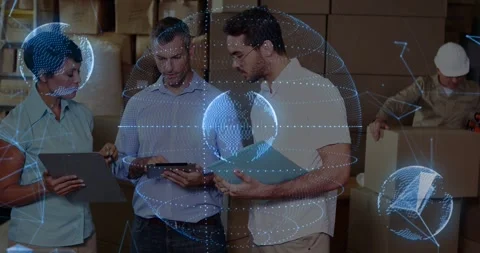 Three staff tapping tablets, activating hologram globe over boxes, comparing Stock Footage 333830342