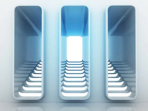Three staircase way choice in blue light design render illustration Stock Illustration