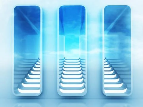 Three staircase way choice in blue sky design render illustration Stock Illustration