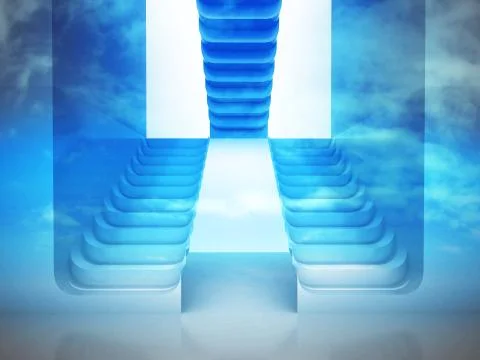 Three staircases in blue light in sky with clouds render illustration Stock Illustration