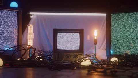 Three Static Televisions Screens with Wires and Lighting Spread All Over Floor Stock Footage 270334820