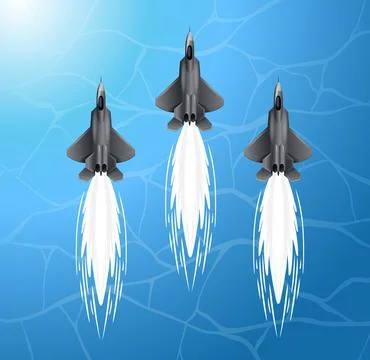 Three Stealth Fighter Jets Flying in Formation Over Blue Background Stock Illustration