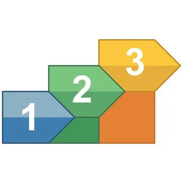 Three step process diagram with numbered arrows. Ilustración de archivo