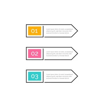 Three steps, color buttons with numbers 1, 2, 3 and text in outline frame. Right Stock Illustration