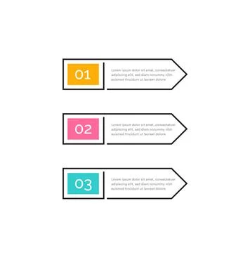 Three steps, color buttons with numbers 1, 2, 3 and text in outline frame. Right Stock Illustration