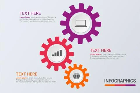 Three steps infographics. Workflow strategy or team work. Business cogs templ Stock Illustration