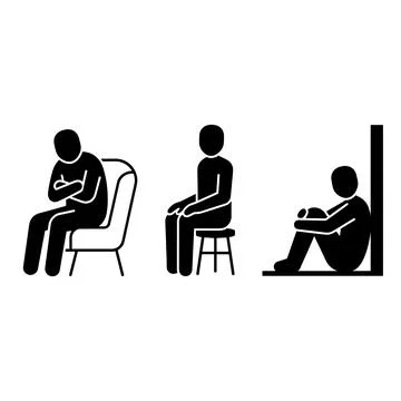 Three stick figure people in different seated positions and moods, isolated.. Stock Illustration