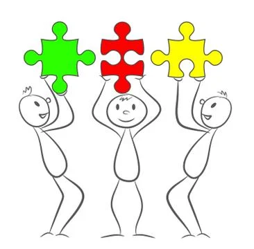 Three stick men with rectangle puzzle pieces. Eps 10 vector illustration Stock Illustration