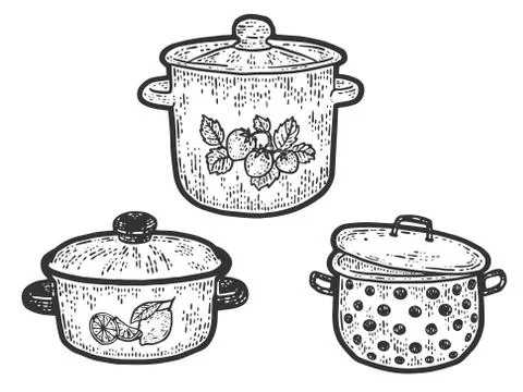 Three stock pot of different sizes and designs. Engraving vector illustration. Stock Illustration