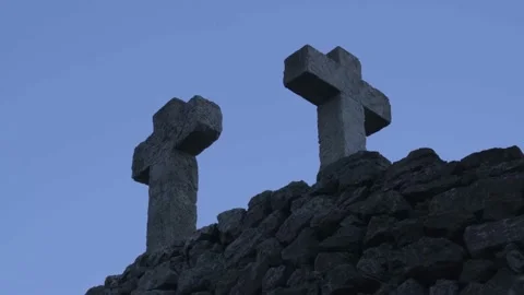 Three stone crosses backlit. Parc Guell. Graveyard cross. Church. Stock Footage 163130177