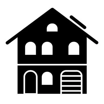 Three storey house with garage solid icon. Home exterior vector illustration Ilustración de archivo