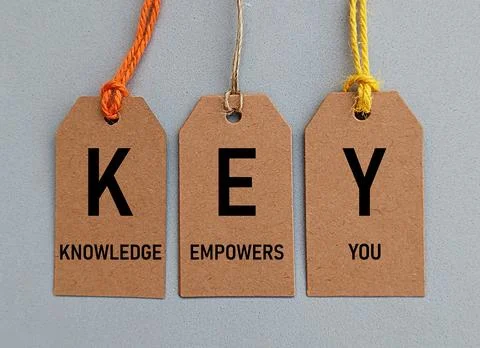 Three string cards with each letter KEY written on them and their meanings Foto stock