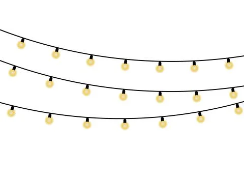 Three strings of glowing yellow light bulbs on black wires against white ba.. Stock Illustration