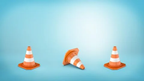 Three striped traffic cones placed on blue background and the middle one lying Stock Illustration