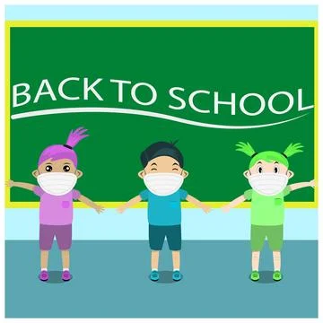 Three Student Come Back School on Class and Distancing.. Stock Illustration