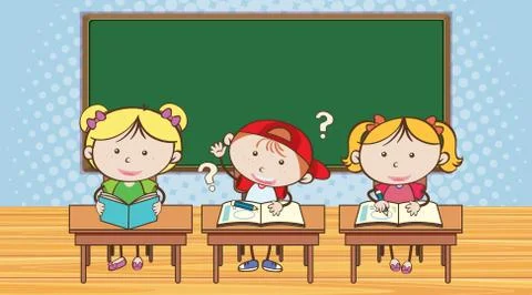 Three students asking questions in classroom Stock Illustration