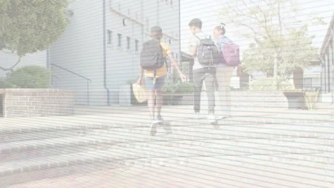 Three students entering right, walking steps toward school with packs, animated Stock Footage 333894180