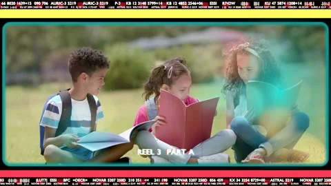 Three students opening color folders on lawn, reading and studying while film Stock Footage 340750795