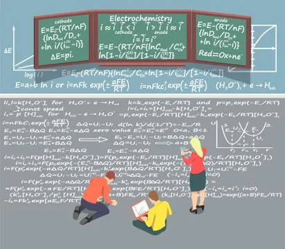 Three students solve the problem in chemistry. Illustrazione stock