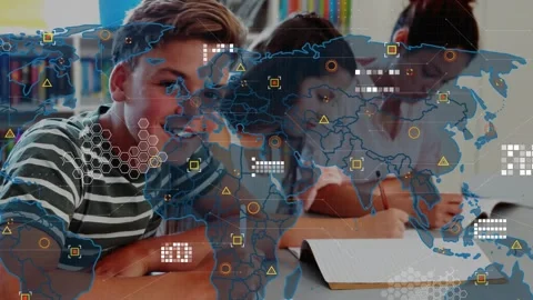 Three students studying notes at table map overlay fading in layering icons over Stock Footage 330355686