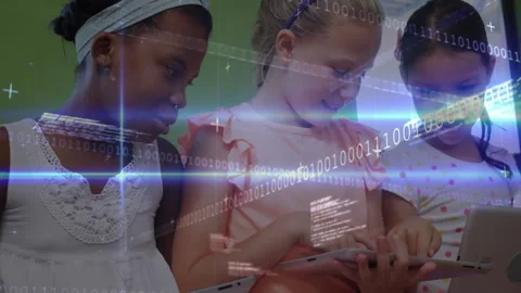 Three students tapping tablets against green wall initiating interactive Stock Footage 312280006