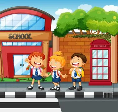 Three students waiting to cross the road Stock Illustration