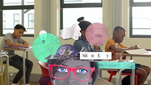 Three students writing in class, collage sliding up and pulling back presenting Stock Footage 333317874