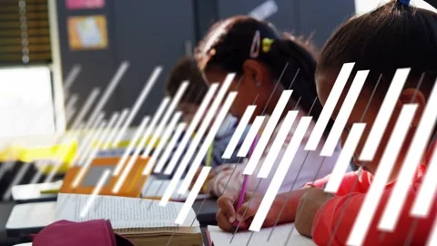 Three students writing in class, diagonal overlay shifting, zooming to highlight Stock Footage 333689769