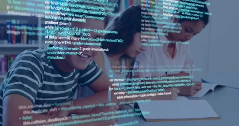 Three students writing at table in classroom, studying while cyan code overlay Stock Footage 331176321