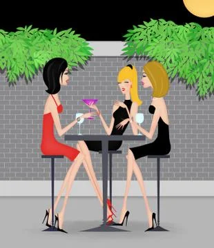 Three Stylish Girlfriends Having Drinks on a Patio Stock-Illustration
