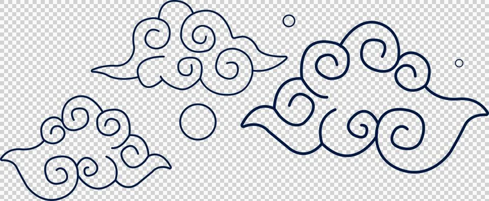 Three stylized clouds are floating in flat design with swirls and circle, Illustrazione stock