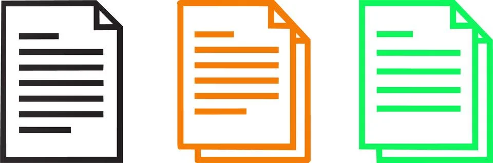 Three stylized document icons in black, orange, and green on a Stock Illustration