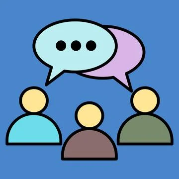 Three stylized figures converse with speech bubbles above them. Their expre.. Stock Illustration