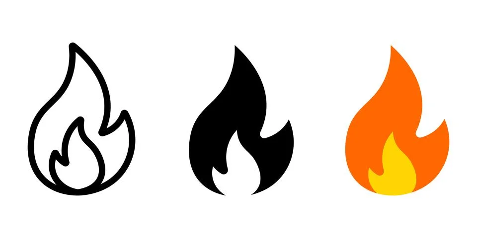 Three stylized flame one outline one solid black one orange and yellow 스톡 일러스트