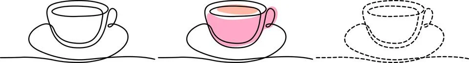 Three stylized illustrations of a teacup with varying levels of detail and .. Stock Illustration