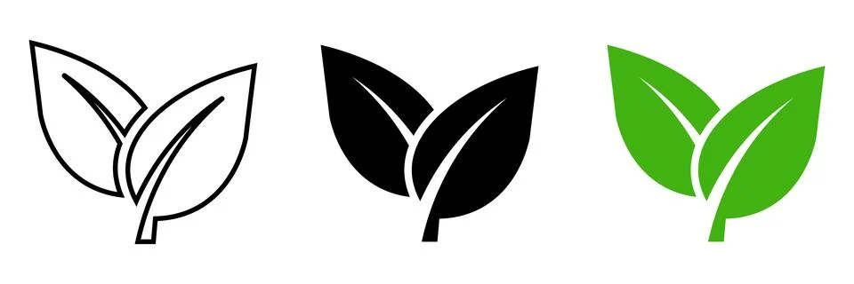 Three stylized leaf in outline solid black and green leaves symbol nature Stock Illustration