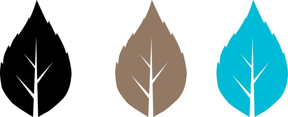 Three stylized leaf silhouettes in black brown and teal with white vein det.. Stock Illustration