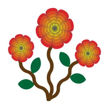 Three stylized orange and red gradient flowers with green leaves and brown .. Ilustração Stock