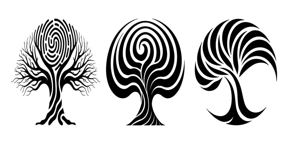 Three stylized trees with swirling patterns are depicted in a striking black Illustration