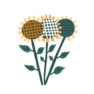 Three sunflowers hand drawn vector illustration. Floral ink pen doodle Stock-Illustration