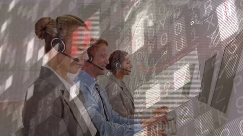 Three support agents answering calls and typing, data overlay rising and Stock Footage 333719960